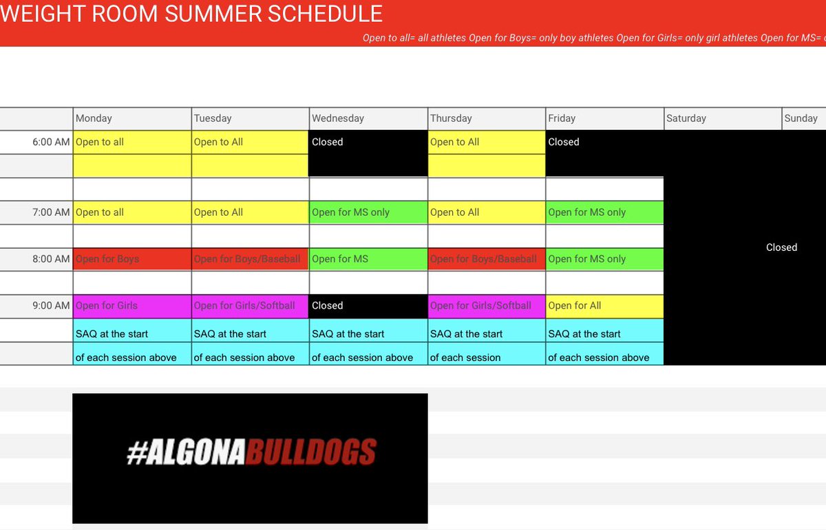 algonasc's tweet photo. Weight room schedule for this week! https://t.co/YeRv03inSU