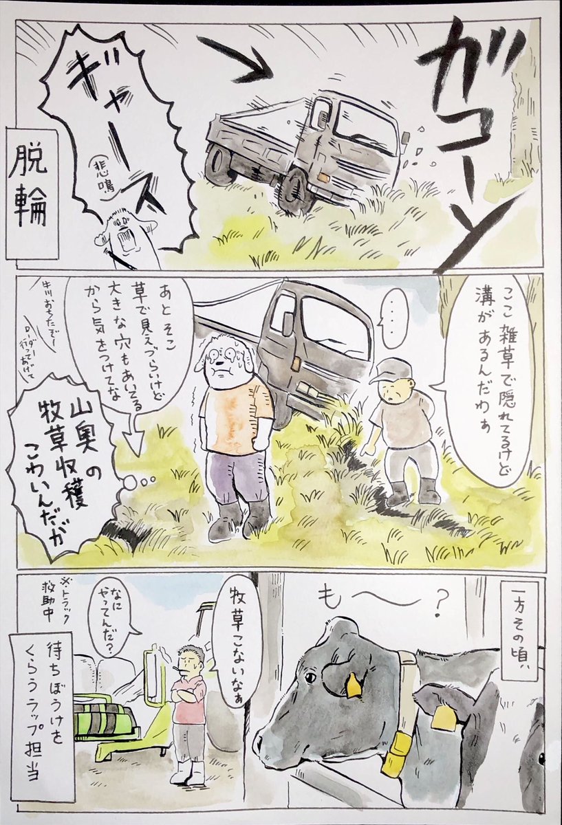 今年から牧草収穫の「お手伝い」をすることになりました。

Twitter見たり漫画描いたりする時間が減ると思いますが、ぼちぼち頑張っていきます。

とりあえず、1番草は終わりました。
雨に振り回されてバタバタだったけど梅雨入りする前に終わって良かった… 