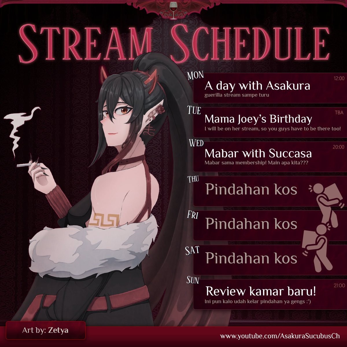 🌹Schedule minggu ini ya gengs! 

Hari ini pengen stream seharian sambil kerja hehe. See you guys on stream!

Karena kemarin banyak yang bikin fanart (*terharu huhu) jangan lupa upload pake #artsakura ya guys :3 

love ya!