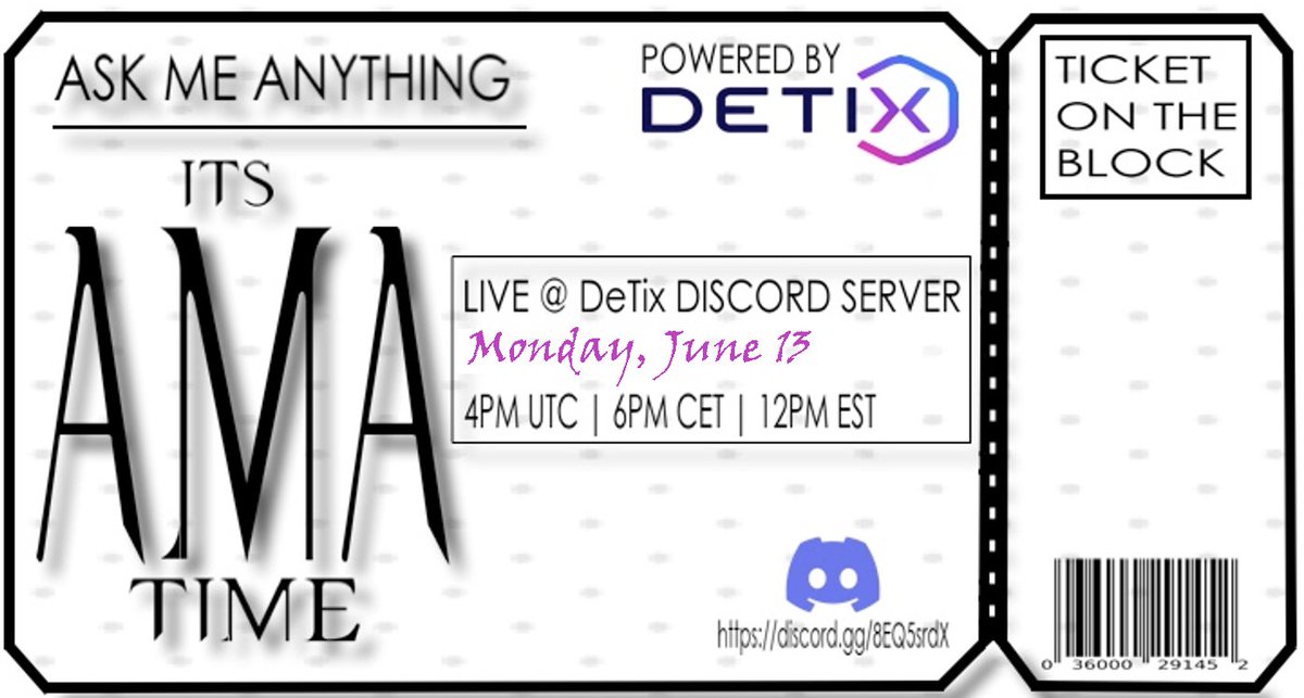 DeTix_DAO's tweet photo. New week - New AMA!

We will be on the Discord stage 🎙️

Ask us about our roadmap, DeTix NFT Pass benefits, giveaway for 20 randomly selected wallets, ask us anything ... We ARE ready! ✅ https://t.co/Pp0zZEMZ3E