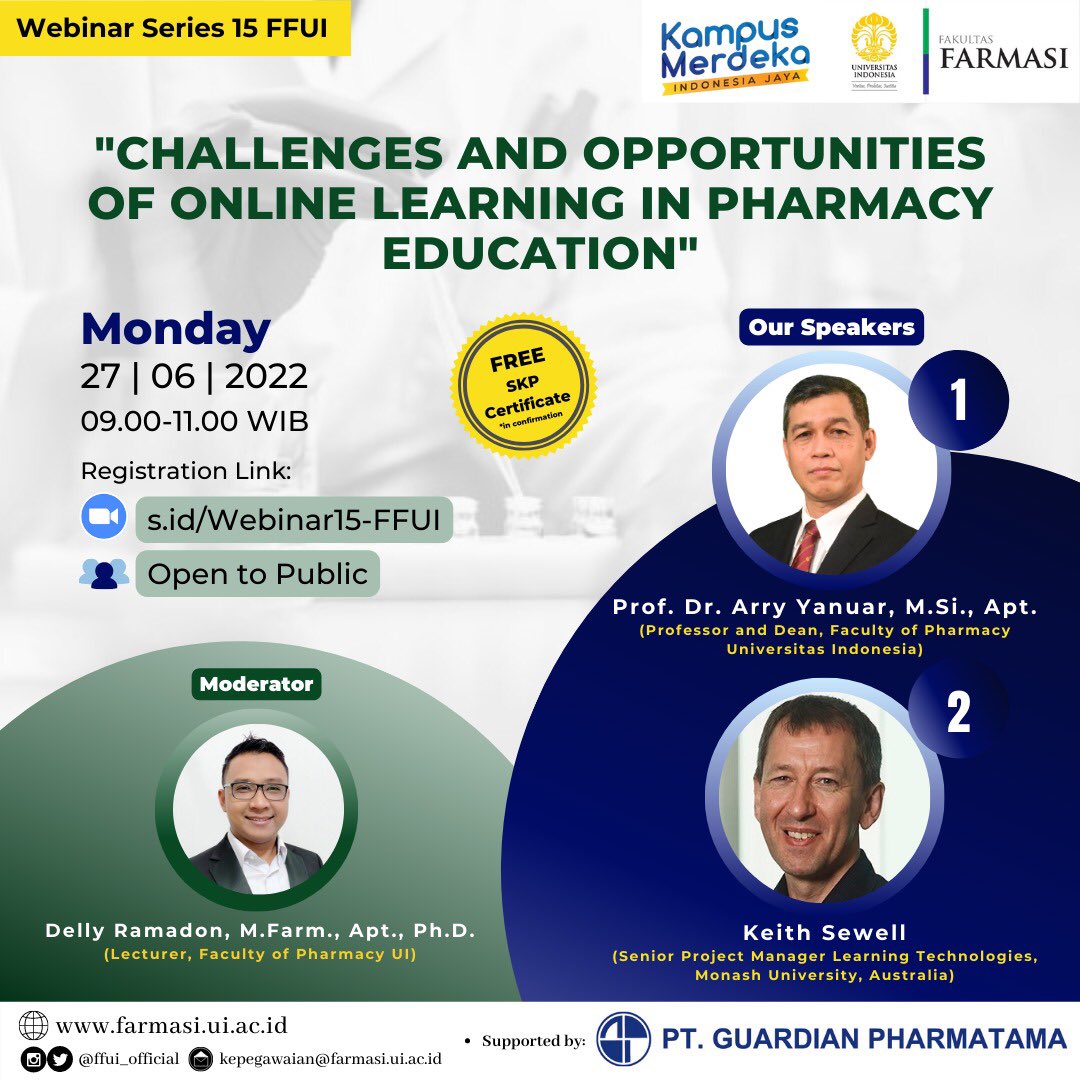 ffui_official's tweet photo. [Webinar Series #15 FFUI]

Faculty of Pharmacy UI proudly present a webinar, "Challenges and Opportunities of Online Learning in Pharmacy Education" 

🗓Monday, June 27th 2022
🕐09.00-11.00 WIB 
💻https://t.co/tsIQrIvXif

#WebinarSeriesFFUI
#FakultasFarmasiUI
#FFUI https://t.co/b6Je9WjgiS