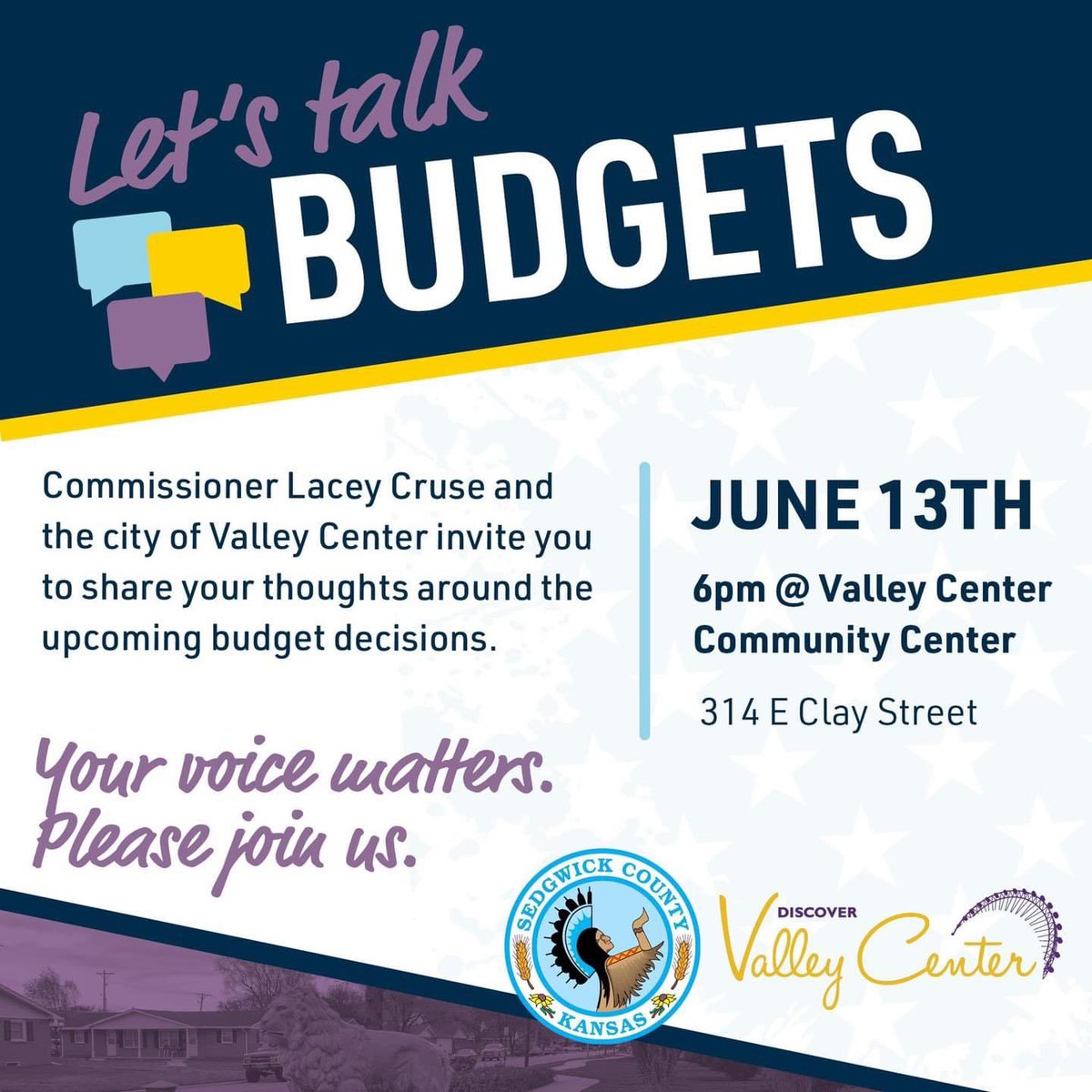 Commissioner <a href="/laceycruse/">Lacey Cruse</a> will be co-hosting the budget workshop "Let's Talk BUDGETS" with City of Valley Center

Monday, June 13 at 6:00pm 
@ the Community Center

You are invited to share your thoughts around the upcoming budget decisions.

facebook.com/events/s/lets-…