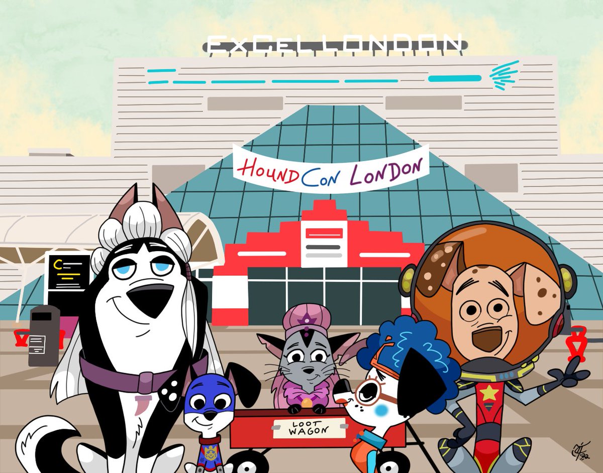 A 101DS-related commission for @BabArt101Dal - a cosplay group shot of Dylan, Dawkins, Hansel, Clayton, and Deidra outside for 'HoundCon London' 🐾🐱🦸‍♂️👽🚀🤓 #101DalmatianStreet #101DS #Dylan #Dawkins #Hansel #Clayton #Deidra #cosplay #fanconvention #ocart #fanart #commissionart