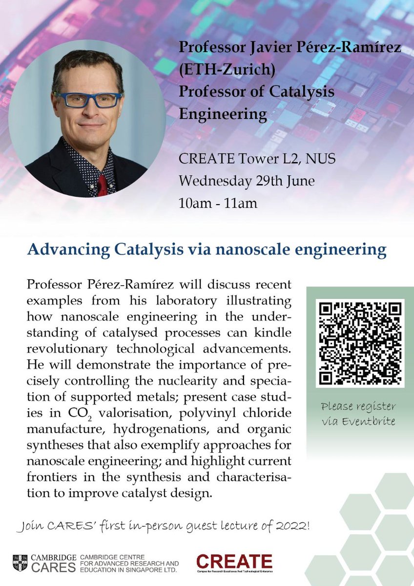 Hiiii all Friends! We are pleased to invite Prof. Javier from ETH-Zurich to share his recent developments in Advancing Catalysis via nanoscale engineering on 29th June! Scan the QR code below and Register for CARES's 1st in-person guest lecture of 2022!🥳