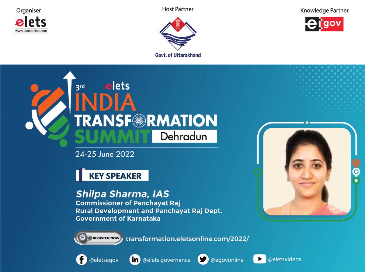 egovonline's tweet photo. Shilpa Sharma, IAS, Commissioner, Panchayati Raj, @gokRDPR joins 3rd Elets India Transformation Summit as a Key Speaker.
Hurry Up!
Register Now | https://t.co/ngAQyQHner 👈
For Details | https://t.co/RP5tBGOlhL 👈
#EletsIndiaTransformation #IndiaTransformation
@mopr_goi https://t.co/MDy0MmCO9x