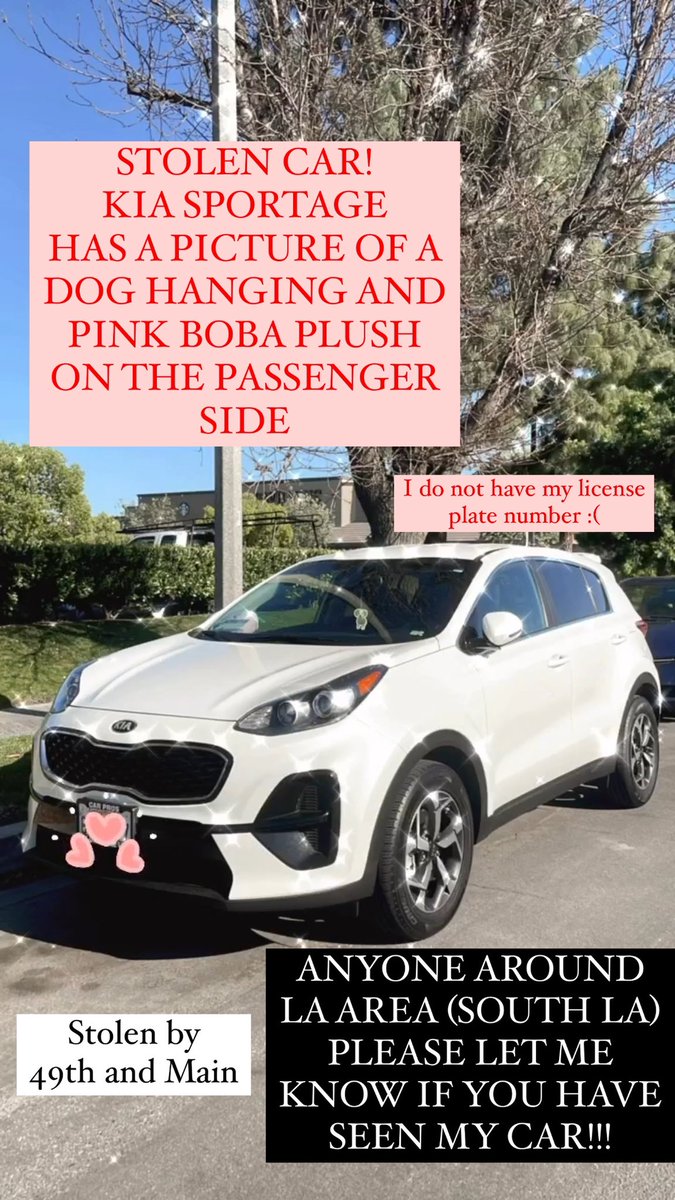 lovergirllsarah's tweet photo. PLEASE RT!!!! MY CAR WAS STOLEN IN SOUTH LA ON 49TH AND MAIN!! IF YOU HAVE SEEN IT PLEASE LMK AND CALL THE POLICE! KIA SPORTAGE WHITE COLOR https://t.co/9Ih206Wrnq