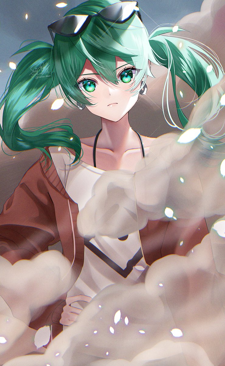 hatsune miku 1girl eyewear on head sunglasses twintails solo earrings jewelry  illustration images