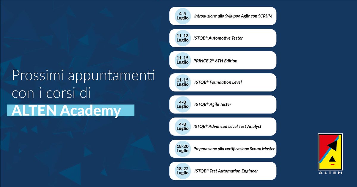 Ottieni importanti certificazioni insieme ad ALTEN Academy!

Scopri tutti i corsi in partenza🗓⤵️

Per ulteriori informazioni visita ➡️alten.it/alten-academy/.