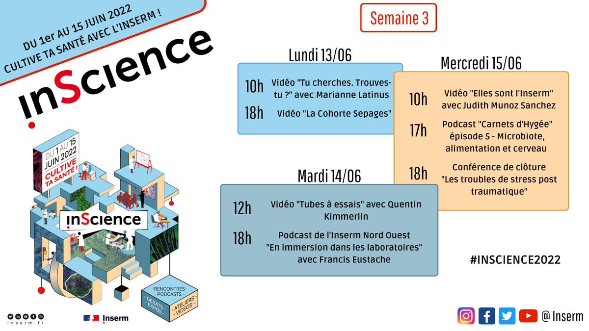 Dernière chance pour participer à #InScience2022, le festival de l'<a href="/Inserm/">Inserm</a> autour de la #science et de la #santé, qui entre dans sa troisième et dernière semaine!
📅 jusqu'au 15 juin 2022
#LaSciencePourLaSanté