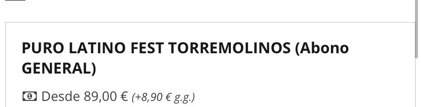 SE VENDE ENTRADA ABONO GENERAL PURO LATINO TORREMOLINOS A 88€, SU PRECIO ACTUAL EN LA WEB ES DE 98€. Se agradece difusión.