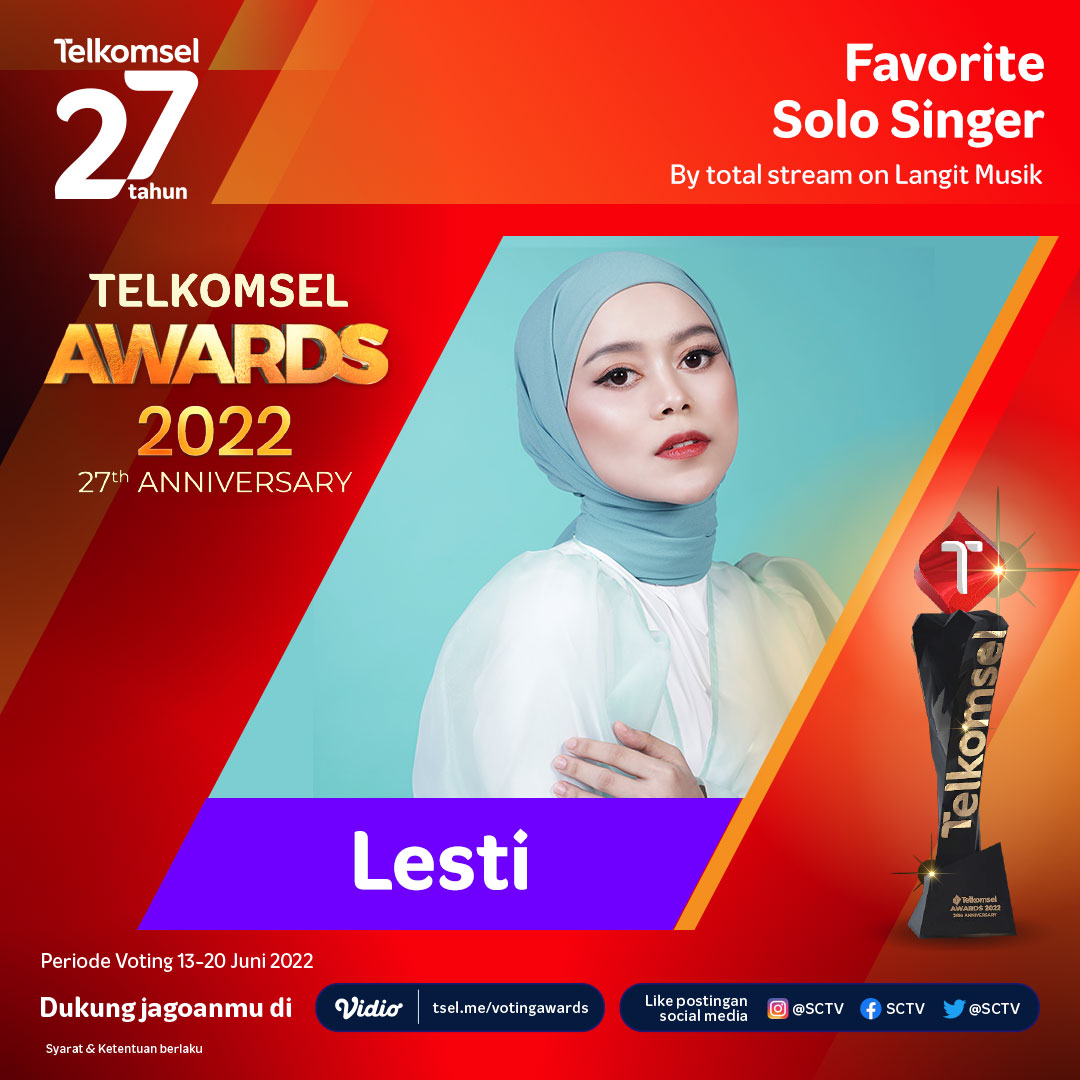Dukung Lesti untuk memenangkan Kategori Favorite Solo Singer dengan cara LIKE foto ini.

Pastikan berikan dukungan untuk jagoanmu di Telkomsel Awards 2022, Fevers!