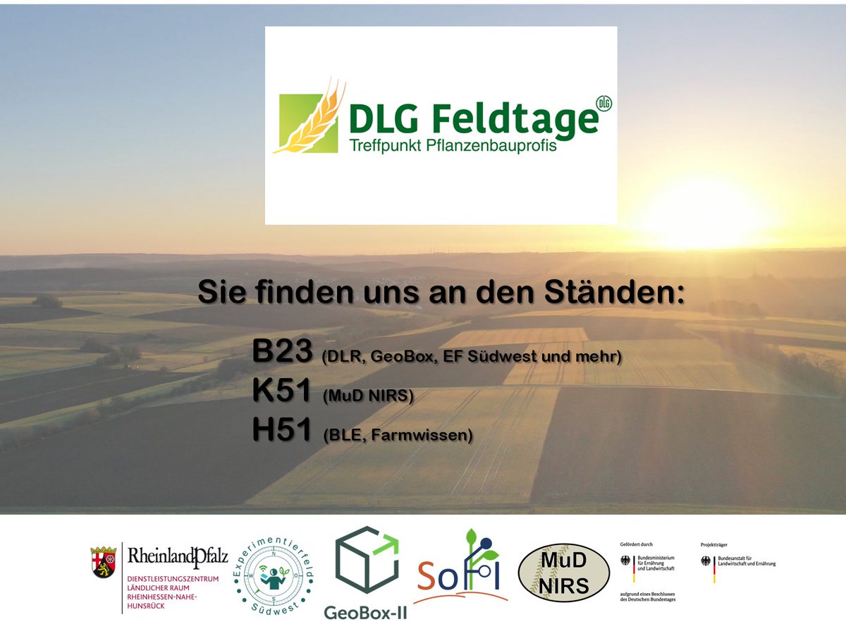 In dieser Woche sind wir auf den #DLG-Feldtagen! 

Kommt vorbei und informiert euch über die #Digitalisierung in der #Landwirtschaft. Neben einem #FarmWissen #Quiz und #Podcast Hörproben warten viele weitere Inhalte auf euch! 

Wir freuen uns auf Euch! 😊☀️
@bmel 

#feldtage2022