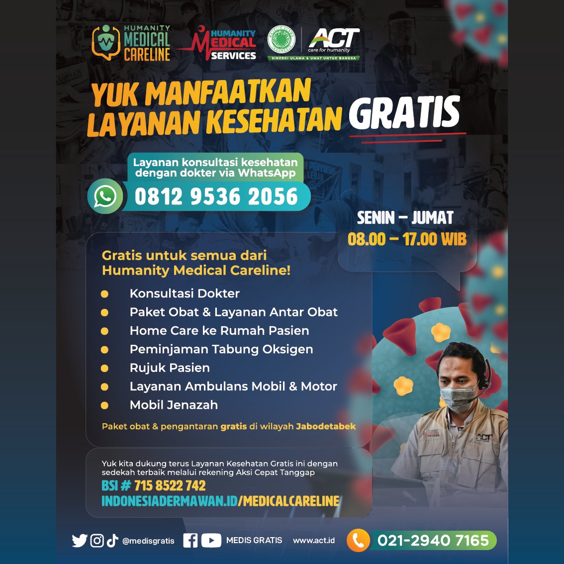 Hai Sahabat Dermawan, jangan lupa simpan dan bagikan nomor di atas ya untuk mendapatkan layanan kesehatan gratis dari HMS-ACT @medisgratis @actforhumanity ❤️ 'Bagaimana cara mendapatkan pelayanan kesehatan gratis min?' @ACTforHumanity