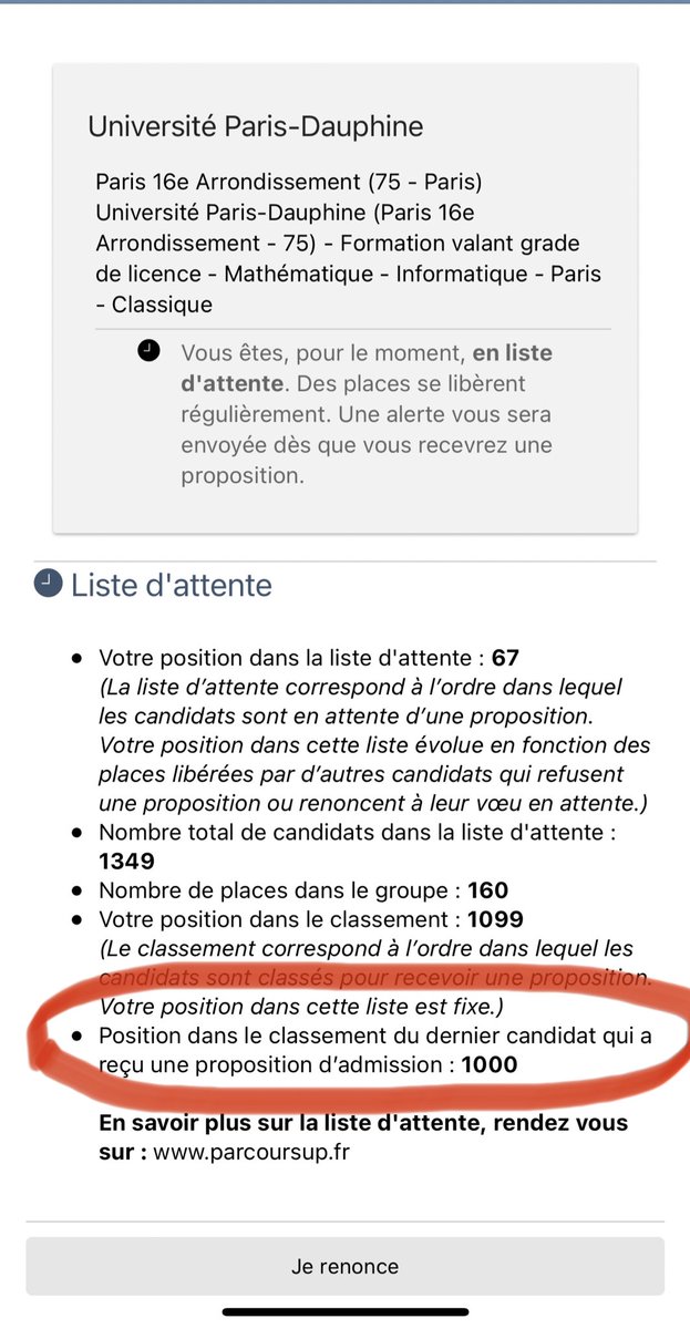 Jacque_773's tweet photo. C’est nornal ou pas que la position du dernier candiat qui a recu une proposition n’a pas bougé depuis le 1er jour? Ct 1000 depuis le début enfait je trouve que c trop bizzare…#Parcoursup #Dauphine https://t.co/aIqb887tx2