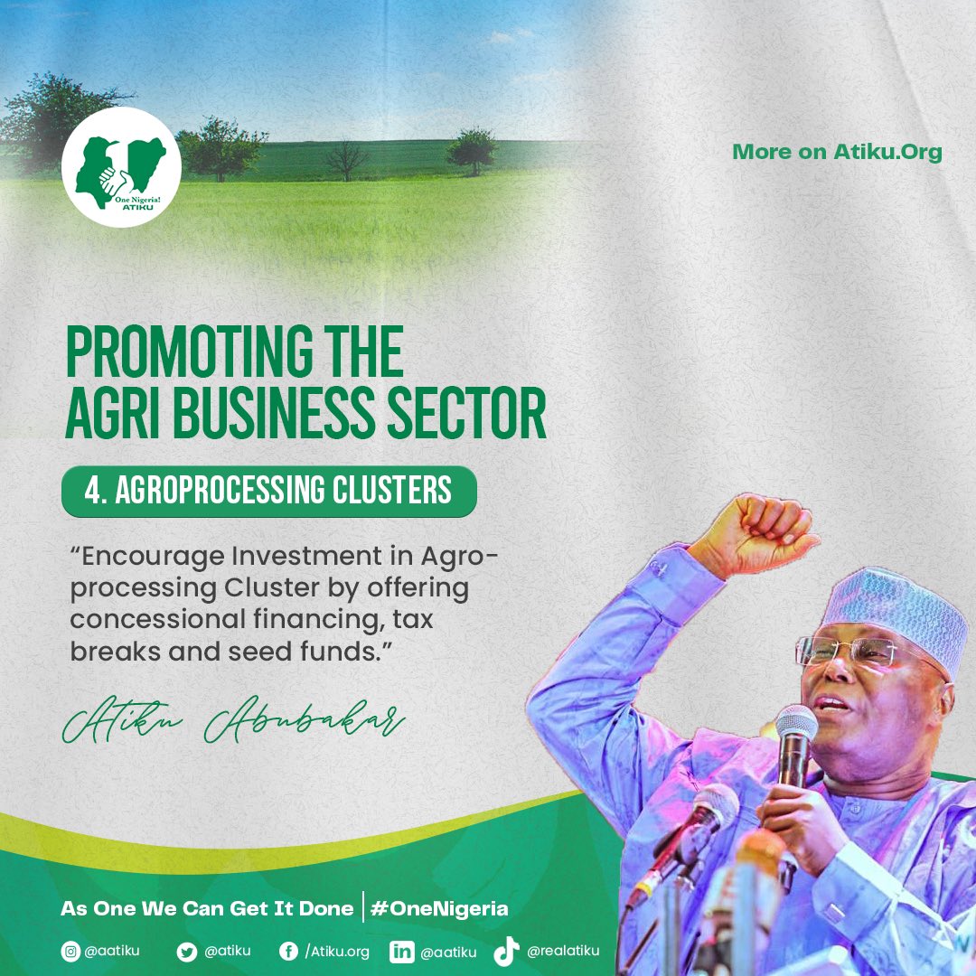 atiku's tweet photo. Planning for a future beyond oil will mean enhancing other critical sectors for maximum output. The Agricultural Sector is one of such vital sectors, and to do this, we will: -AA https://t.co/sKevUzgasG