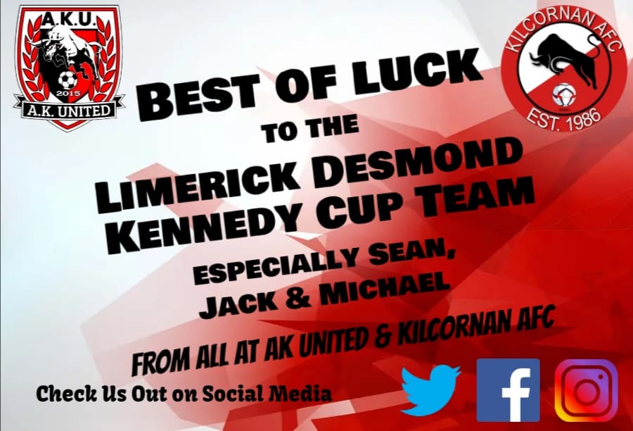 KilcornanAFC's tweet photo. The very best of luck to Sean, Jack and Michael  and the rest of the Limerick Desmond League team as they kick off their Kennedy Cup campaign against Roscommon this evening in UL.

Kick off on pitch 2 is 6pm, head in and cheer on the boys 😁😁 https://t.co/Zghd3xkPZJ
