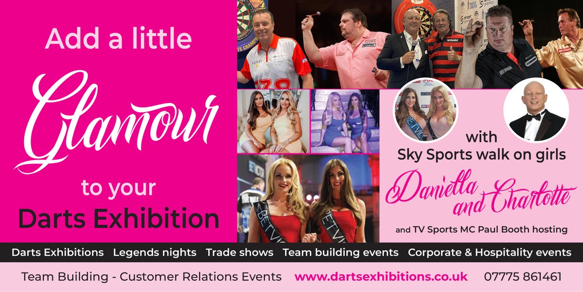 tradeshowdarts's tweet photo. Bring glamour to your trade stand with the 2 Best promotional girls on the circuit @Charl0ttewood &amp; @daniellaallfree who've worked alongside the Darts Legends @BobbyGeorge180 @KDeller138 @onedart180 @ColinJawsLloyd @Stevebeaton180  &amp; MC @PaulBoothMC we offer the full service https://t.co/rxDNJdmM92