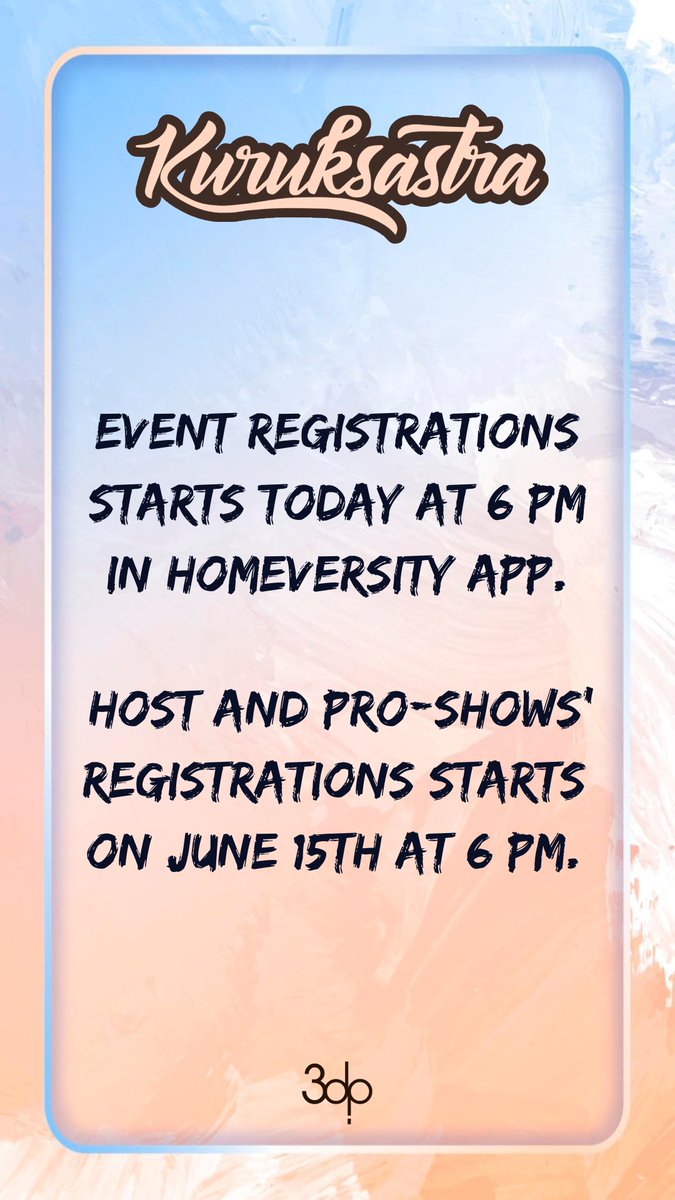kssastra's tweet photo. Event Registrations starts today at 6 pm in Homeversity App. 
Host and Pro-shows' Registrations starts on June 15th at 6 pm. 

#kuruksastra #sastrauniversity #ks2022 https://t.co/jjoFtxLDwy
