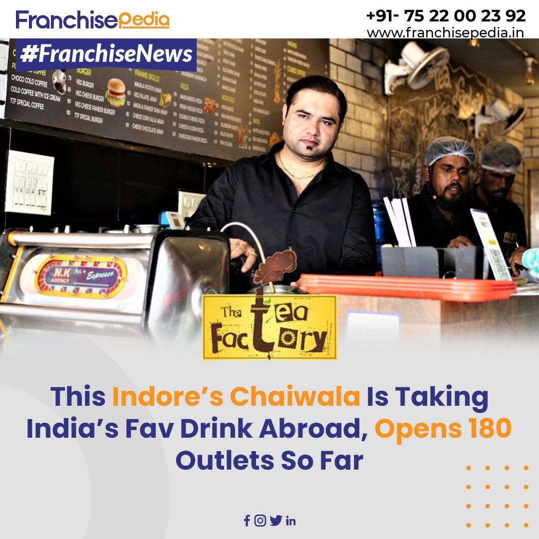 VFranchisepedia's tweet photo. Shashank Sharma laid the foundation of The #Tea Factory in 2012 with the first outlet in Indore being inaugurated a year later. In a span of a decade, the company now boasts 180 outlets with expansion to Canada, the UK, and UAE, and more! 

Connect with us today.

#news https://t.co/cuGJ7HZE1I