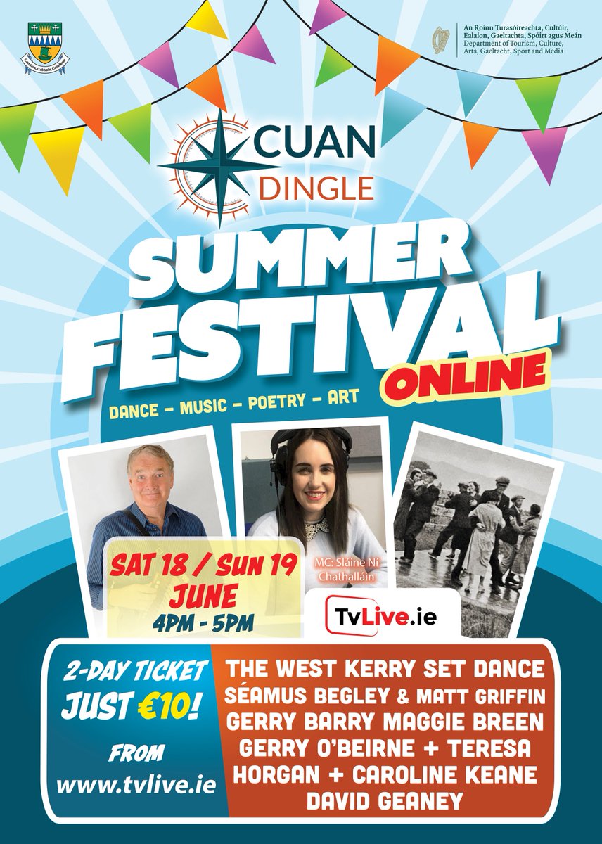 CUAN/DINGLE is back for Cuan Summer Festival 2022, an exciting online festival with 2 concerts broadcast live around the world from Dingle Peninsula on Sat 18th &amp; Sun 19th June
Book your tickets on tvlive.ie now
Supported by @DeptCulturelRL LPSS &amp; <a href="/KerryCoArts/">Kerry County Arts</a>