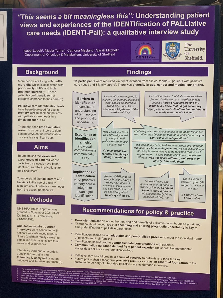 My poster for my intercalated BSc project investigating patient views & experiences of the identification of palliative care needs is up at the University of Sheffield Medical School Annual Research Meeting @UoS_SRM. Bay 10, stand 60 in the Octagon! #srm2022