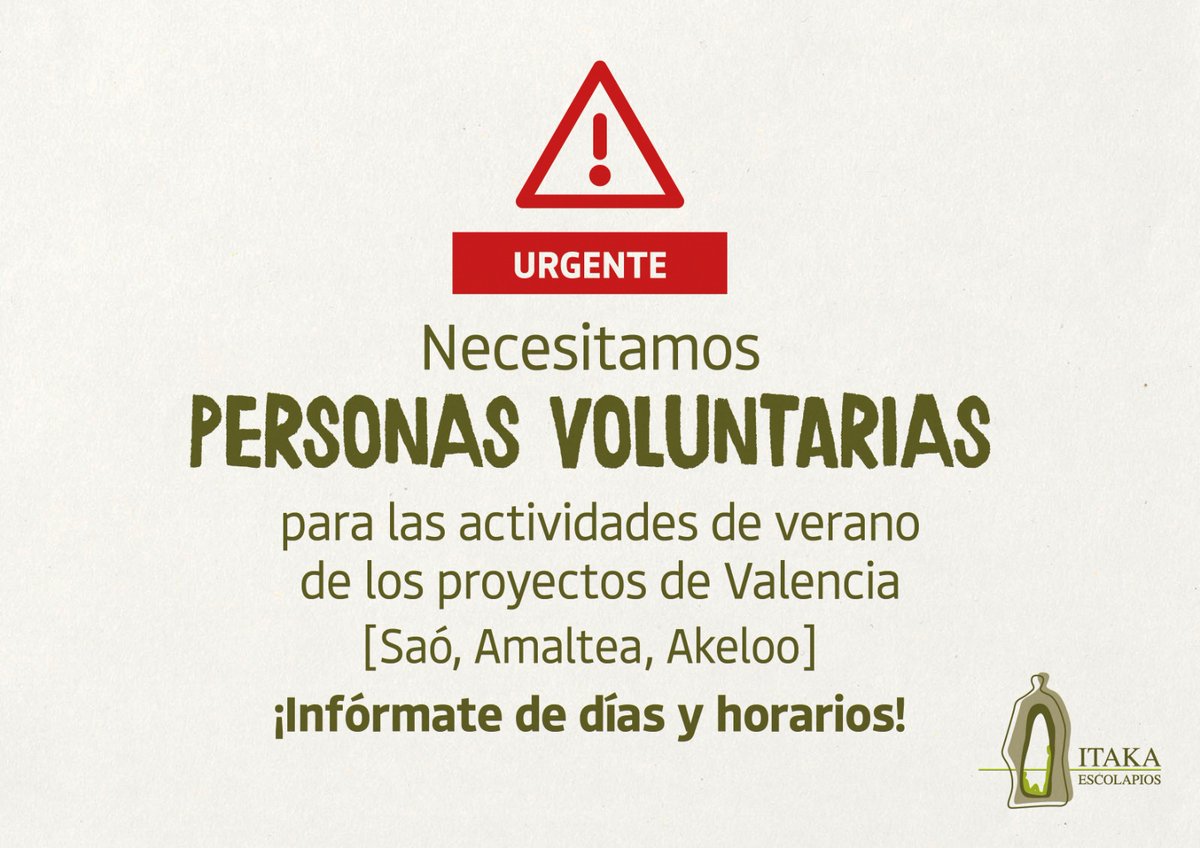 Necesitamos personas voluntarias para este verano! Nos ayudas? 
Escríbenos a sedevalencia@itakaescolapios.org o rellena este cuestionario forms.gle/CnaZN6NtFgyTd9… y te explicaremos.
#Voluntariado #Verano #Infórmate #ProyectoSaó #ProyectoAkeloo #ProyectoAmaltea #Infancia #Juventud