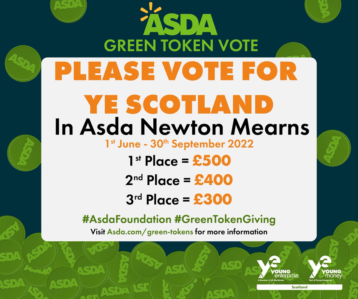 Please vote for Young Enterprise Scotland in the @asda green token scheme in store at Newton Mearns or online: asda.com/green-tokens/s… It takes 2 seconds and your vote will help us deliver #EnterpriseForAll