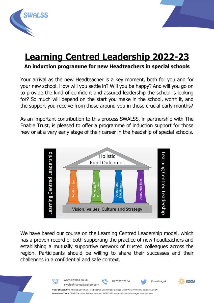 swalss_uk's tweet photo. Following on from a successful induction programme in 2021/22 we are pleased to be able to offer the above induction programme for new Headteachers in Special Schools.
Booking form and full flyer available at: https://t.co/gZ9Lc0JMjF
#SWALSS https://t.co/nUghjuRGsS