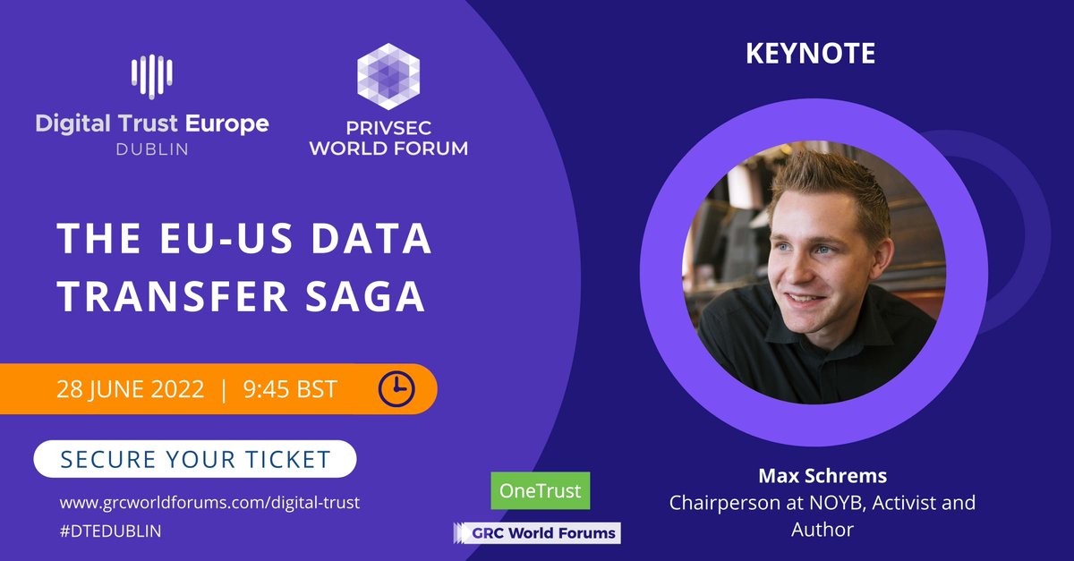 PrivSecEvents's tweet photo. Privacy trailblazer @maxschrems and NOYB are joining #DTEDublin.
Secure your complimentary VIP ticket for Digital Trust Europe on 28 - 29 June here ➡️ https://t.co/eZWEjqNgKX
#DataProtection #GDPR #PrivSecWF #Schrems https://t.co/6pxDWXIcm5