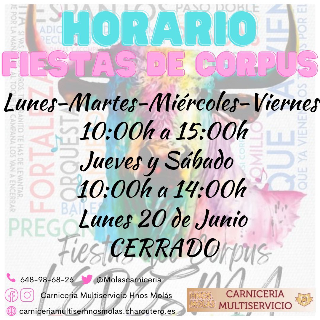 laargazaba21's tweet photo. Horario Fiestas de Corpus 🎉
Lunes-Martes-Miércoles-Viernes
10:00h a 15:00h
Jueves y Sábado
10:00h a 14:00h
Lunes 20 de Junio
CERRADO
⚠️RECUERDA HACER TU ENCARGO DE EMBUTIDOS ⚠️
#horario #cerrado #corpus #fiestas #ledesma #salamanca #carniceria #multiservicio #hermanos #molas https://t.co/9535jTzjKr