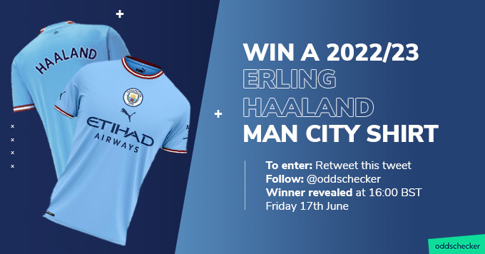 oddschecker's tweet photo. 👕 Win a 2022/23 Man City shirt with Haaland on the back!

To enter:
→ Retweet this tweet
→ Make sure you follow @oddschecker

➡️ One random winner announced at 4pm on Friday. https://t.co/dEHp1UnPtm
