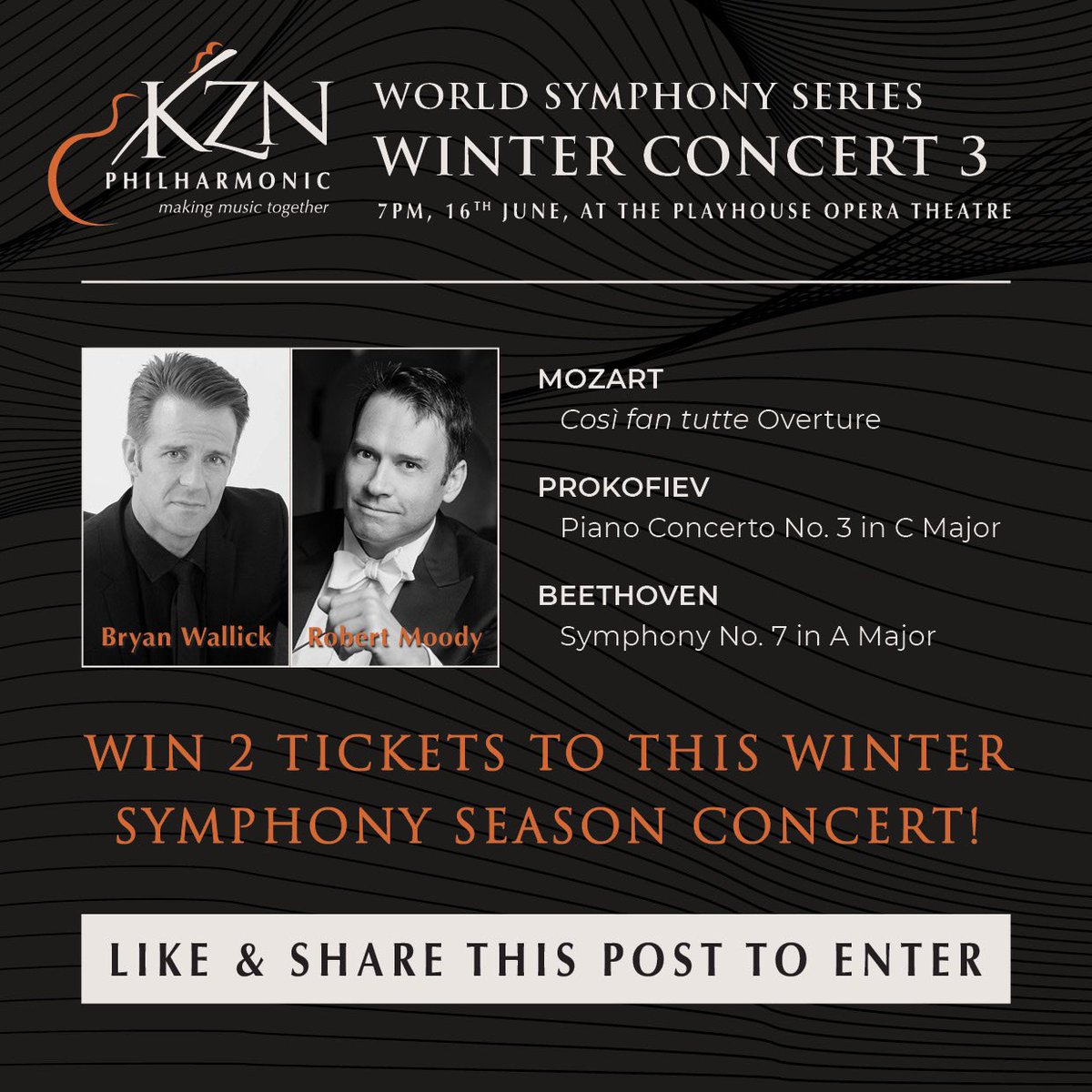 Here's how to win tickets to this week's performance:

1. Sign up to our newsletter via our website (link in bio)
2. Follow us on INSTAGRAM, with the handle @kwazulunatalphilharmonic
3. Like and share our post to your profile using the hashtag #makingmusictogether