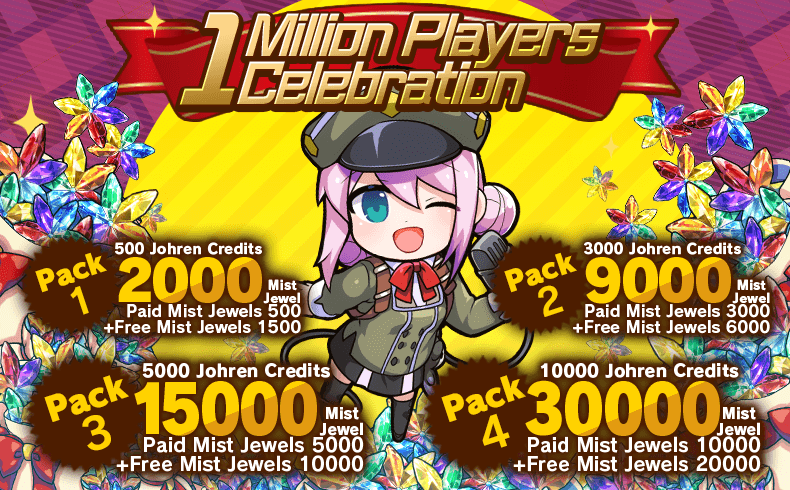 MistTrainGirls's tweet photo. Hello, Conductors!

The 1 Million users Campaign has started!
Special Memorial packs and Jewel Missions are on sale in the shop!
Also, special limited Login bonus will be held to get 2100 Mist Jewels!
Lastly, special 1 Million users Players celebration Jewel packs are on sale! https://t.co/aFX6cOdeTP