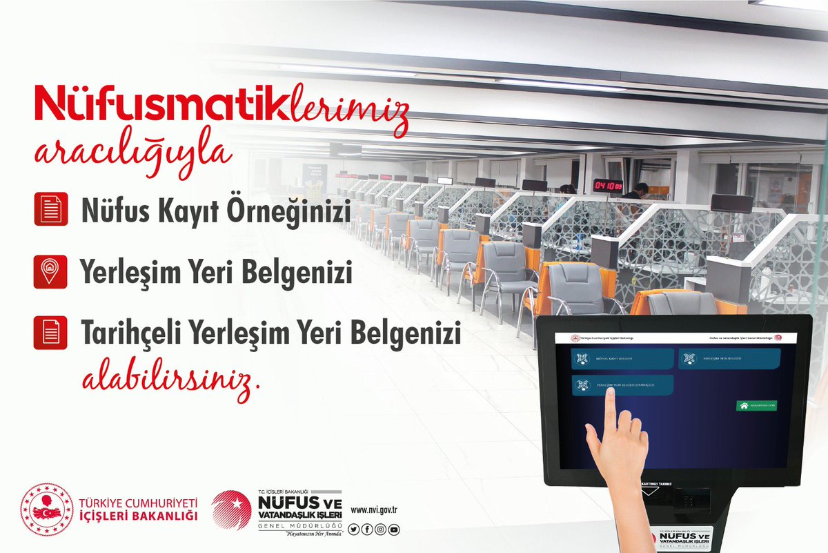 🖥 Nüfusmatiklerimize yeni hizmetler eklemeye devam ediyoruz❗️

Barkodlu belgenizi, parmak izi doğrulaması ile Nüfusmatikler üzerinden güvenli bir şekilde e-Posta adresinize gönderimini sağlayabilirsiniz.

Nüfusmatik noktaları👉 nvi.gov.tr/nufusmatik-nok…

#HayatınızınHerAnında