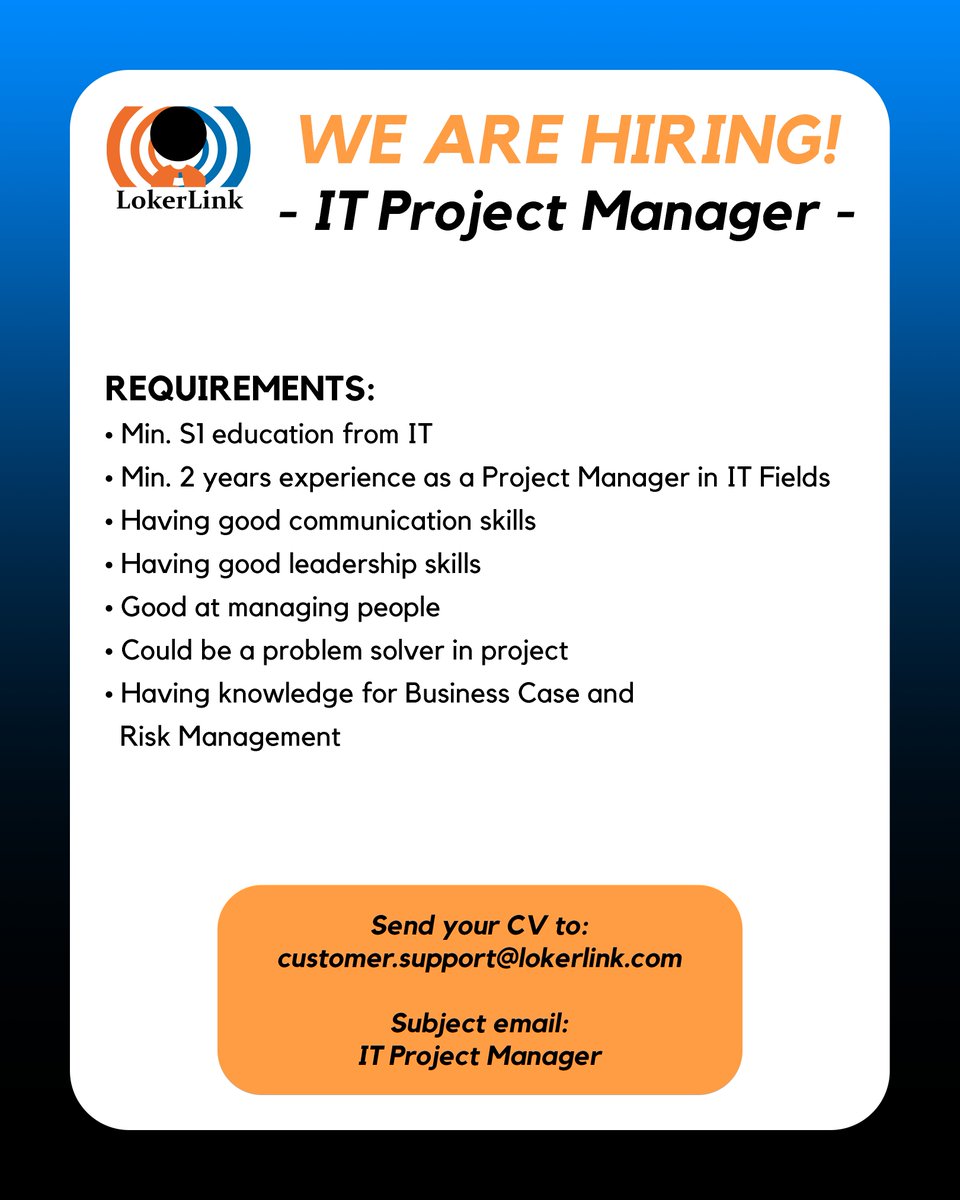 L (@lokerlink) on Twitter photo WE ARE HIRING!
IT PROJECT MANAGER
If you are interested, please send your CV to customer.support@lokerlink.com (Subject : IT Project Manager)
#lokerlink #lokerjakarta #lokerit #lowongankerja #infoloker #lowonganpekerjaan #lokerindonesia #itprojectmanager #projectmanager WE ARE HIRING!
IT PROJECT MANAGER
If you are interested, please send your CV to customer.support@lokerlink.com (Subject : IT Project Manager)
#lokerlink #lokerjakarta #lokerit #lowongankerja #infoloker #lowonganpekerjaan #lokerindonesia #itprojectmanager #projectmanager