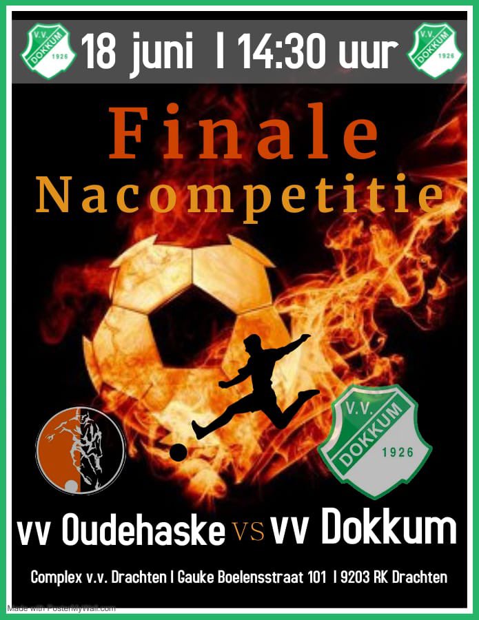 FINALE NACOMPETITIE 

Zaterdag 18 juni 14.30 uur word de Finale nacompetitiewedstrijd <a href="/vvoudehaske/">Voetbalvereniging Oudehaske</a> - <a href="/vvdokkum/">Voetbalvereniging Dokkum</a> gespeeld op het prachtige complex van <a href="/vvdrachten/">vv Drachten</a>. 

vv Dokkum strijd voor promotie en Oudehaske gaat voor lijfsbehoud. 

Tot zaterdag in Drachten.