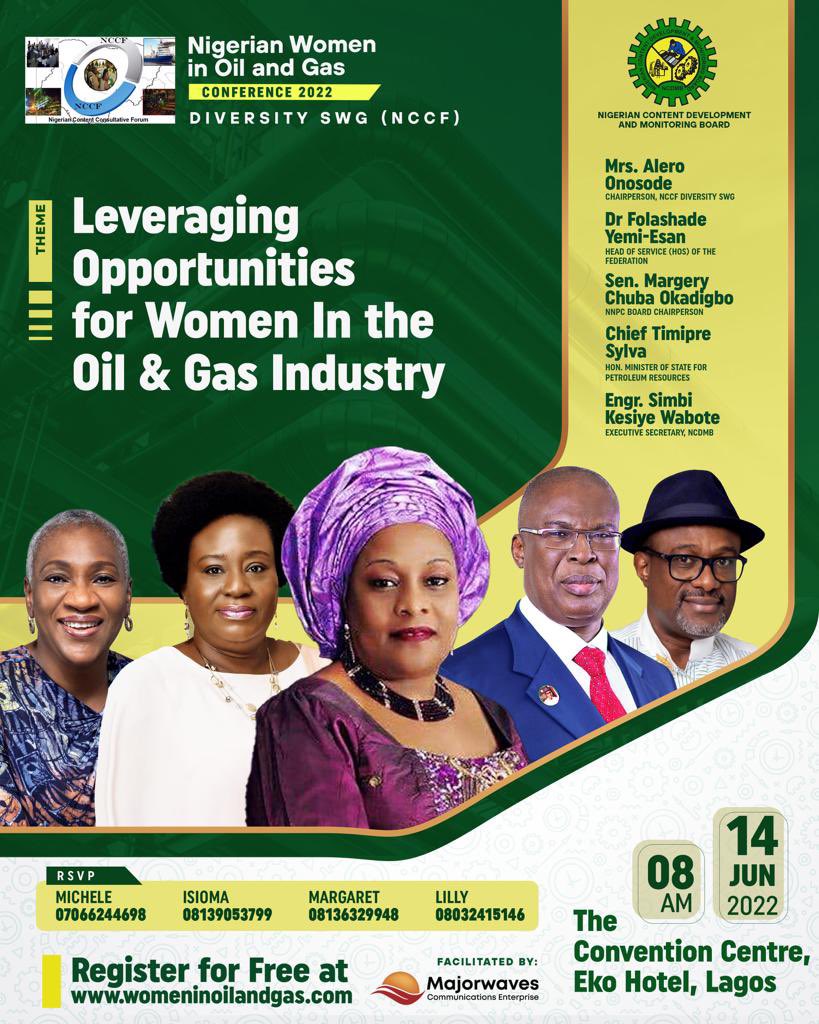OfficialNCDMB's tweet photo. Register for free at https://t.co/Z6gUBFvIvT and join other stakeholders at the 2022 edition of the Nigerian Women in Oil and Gas Conference tagged “Leveraging Opportunities for Women in the Oil and Gas Industry” tomorrow 14th June, at the convention Centre, Eko Hotels, Lagos. https://t.co/0ewV1Sh6RQ