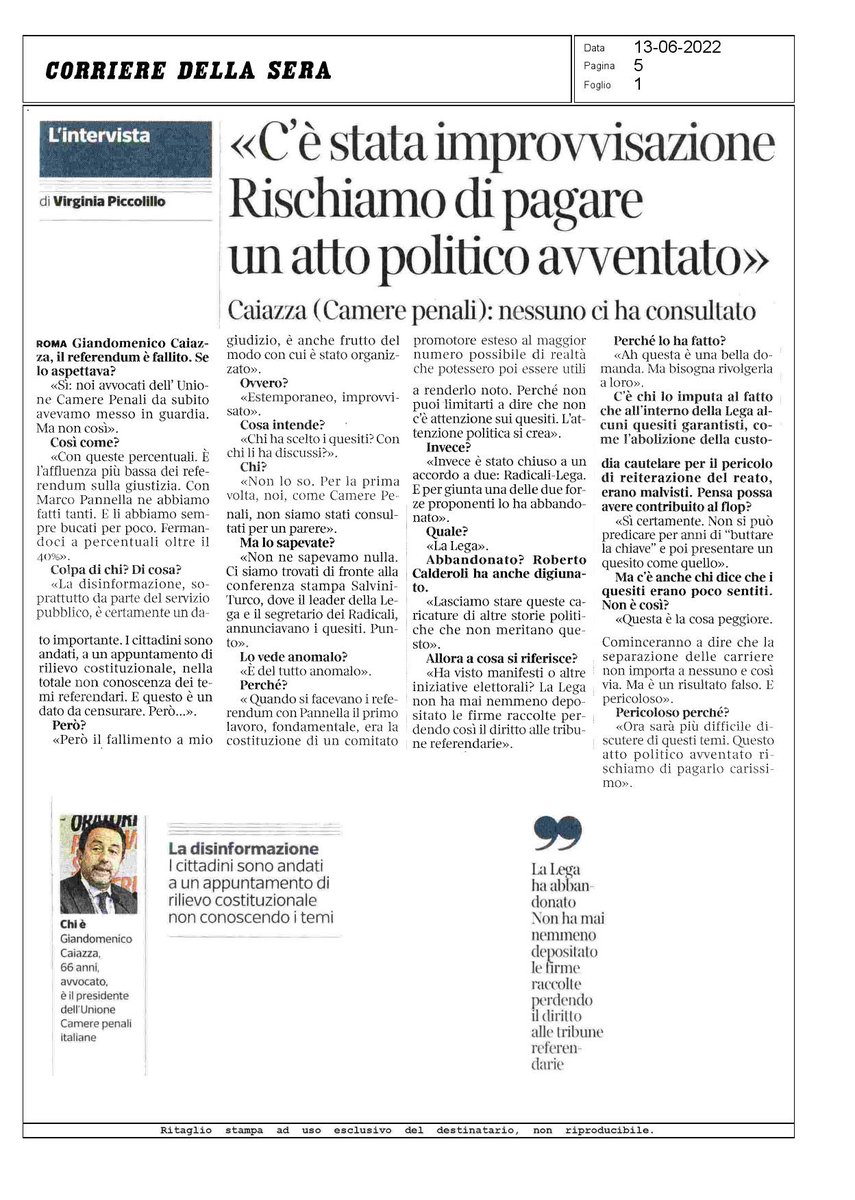gdcaiazza's tweet photo. #referendum: c’è stata improvvisazione, rischiamo di pagare un atto politico avventato.
La mia intervista per Il Corriere della Sera #REFERENDUMGIUSTIZIA #referendumsullagiustizia #Referendum2022 https://t.co/8JapbRnfI4