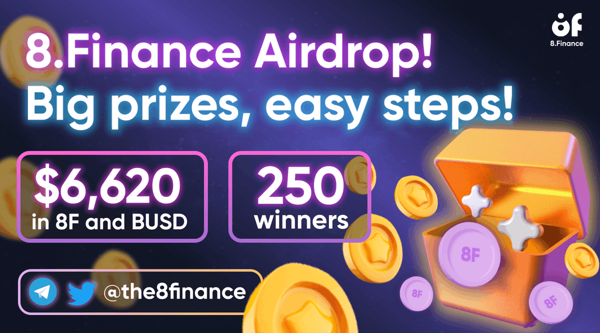 the8finance's tweet photo. ⚡️ https://t.co/AN2xLPaOEZ #AIRDROP

📍  200 winners who got more entries will get 2000 $8F tokens each

📍 50 random users will get 10 $BUSD each

💸 Prize fund: $6,620

👉 Complete all tasks to win: https://t.co/r21eV9HILv

📆 13/06/2022 - 30/06/2022 https://t.co/LDuUozvqiQ