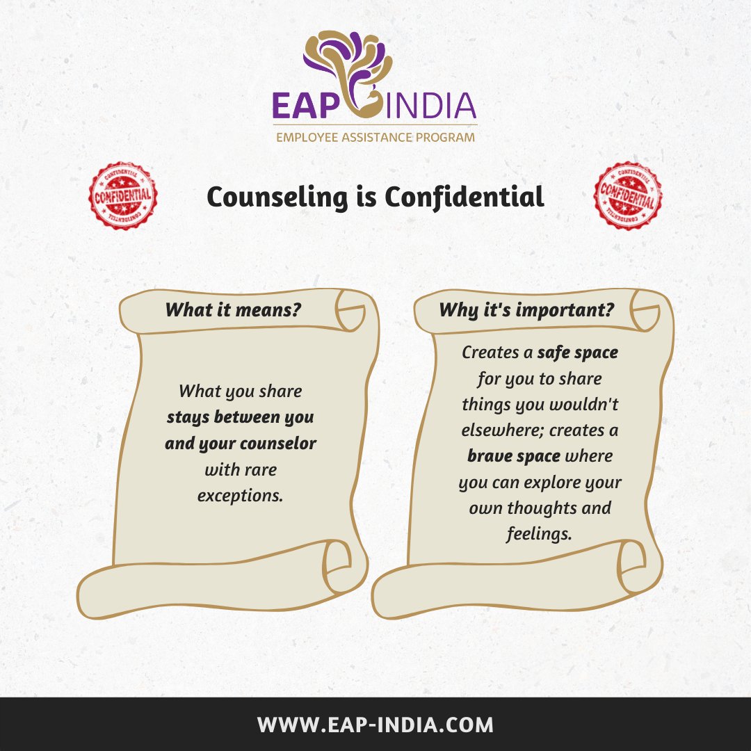 EAP_India's tweet photo. By being confidential, counselling creates a safe space for you. You feel safe exploring and sharing thoughts and feelings which you may not in other spaces. 

#EmployersWhoCare
#MentalHealth #MentalWellbeing #Confidentiality #Counseling #Wellness #Support https://t.co/PtCT6y5kAR