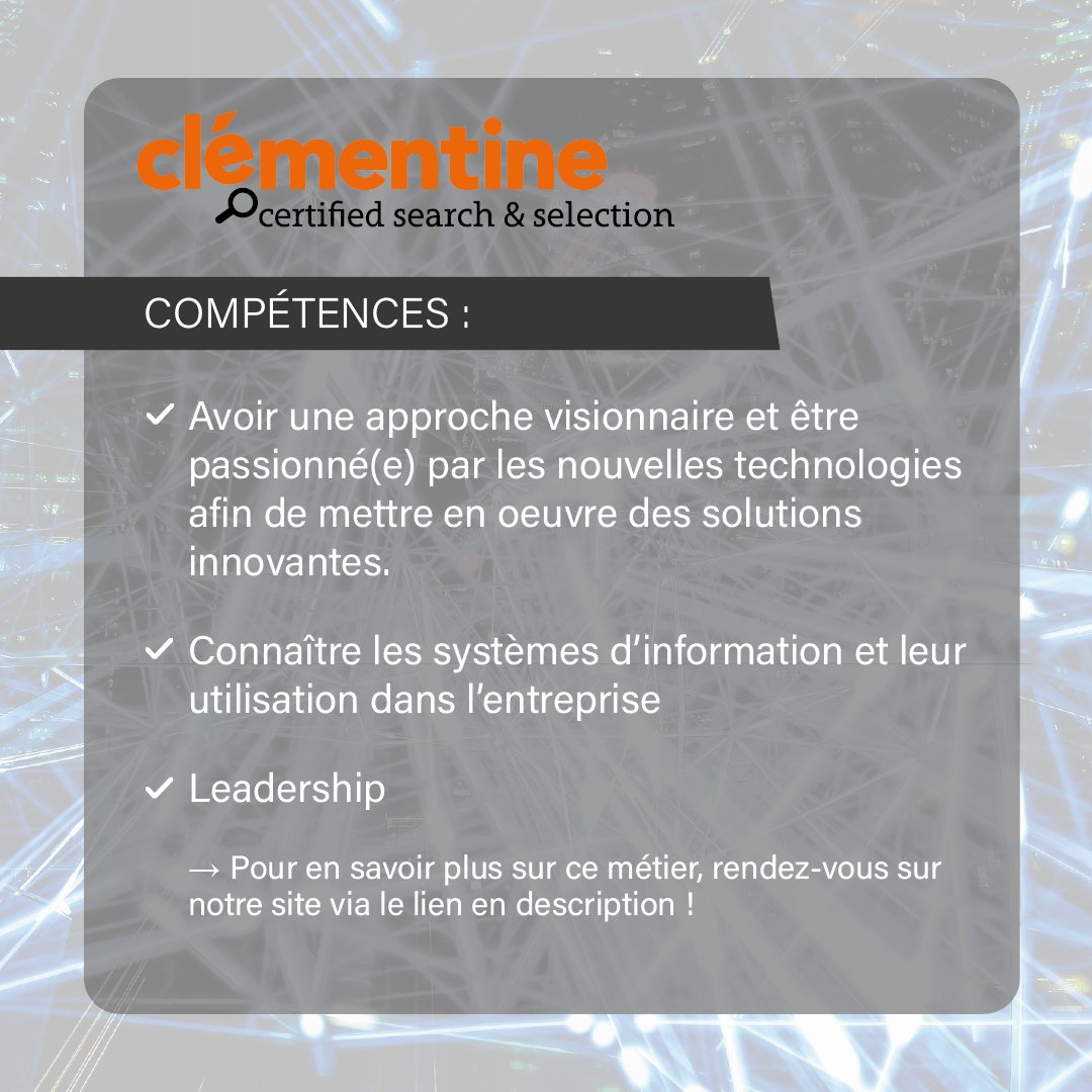 ClementineJobs's tweet photo. 🔎 ZOOM sur un métier : Directeur des Systèmes d'information  🧐
👉Le DSI est responsable de l’ensemble de l’équipement matériel et de la transmission de l’information au sein d’une organisation.

Pour retrouver la fiche métier complète, c'est par ici : https://t.co/yxawooD2VF https://t.co/Ez4bq3YGpD