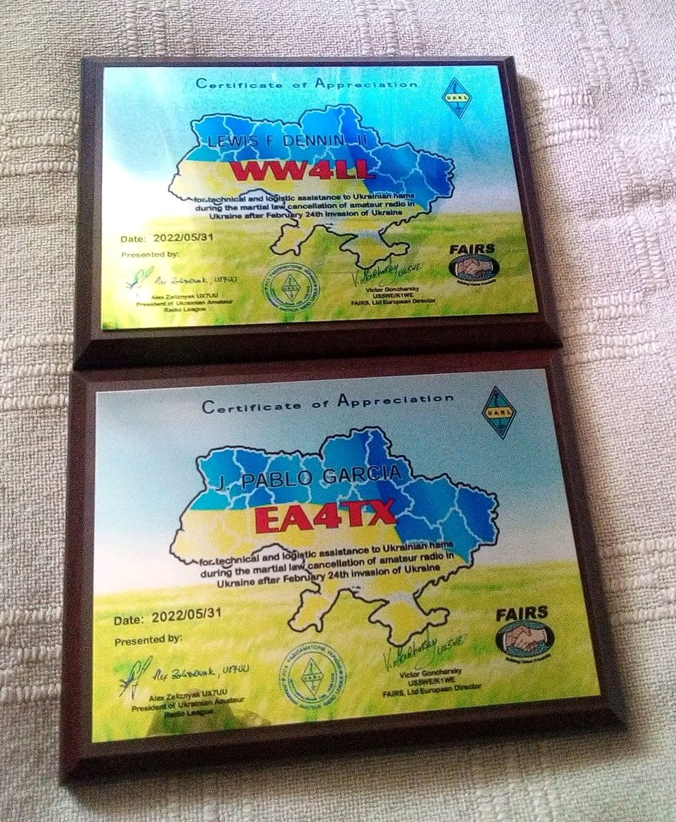 These special awards issued in Ukraine by hams from western Ukraine for great support of Ukrainian hams during martial law in Ukraine and kind offer of their remote stations. Thank you, <a href="/ea4tx/">Pablo EA4TX</a> <a href="/BeloudUs/">BeLoud.US Ham Radio</a>