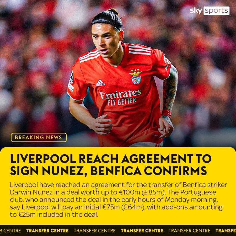 SkySportsPL's tweet photo. Liverpool have reached an agreement for the transfer of Benfica striker Darwin Nunez in a deal worth up to €100m