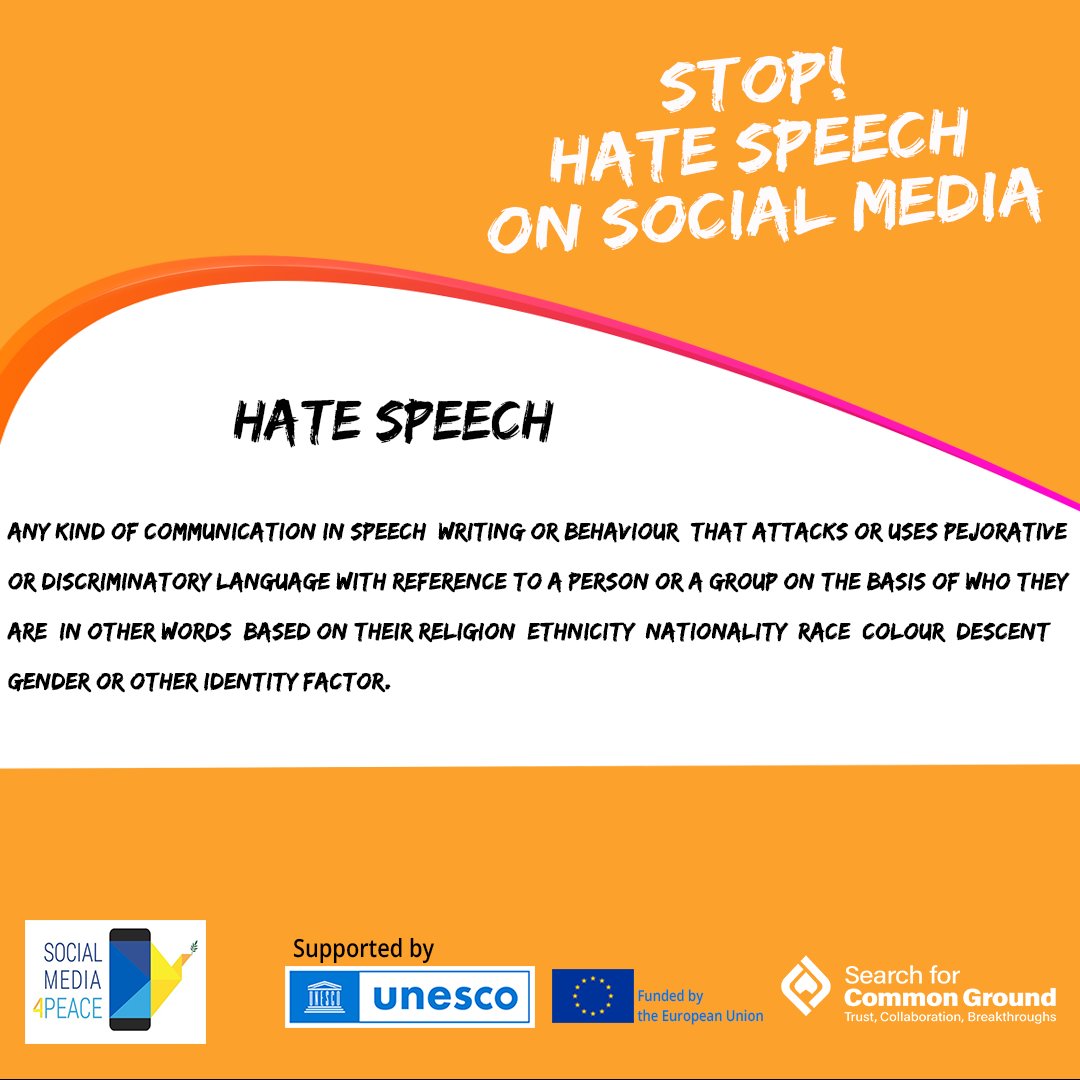 We can all stop the spread of #hatespeech on social media if we understand what it is. 

#SocialMedia4Peace  campaign intends to ensure peace is maintained in the electioneering period. 

4 hours to go to our tweetchat. Don't miss out!!! 

<a href="/SFCG_Kenya/">Search for Common Ground Kenya(@SFCG_Kenya)</a> <a href="/UnescoEast/">UNESCO Eastern Africa</a> <a href="/EUinKenya/">European Union In Kenya</a>