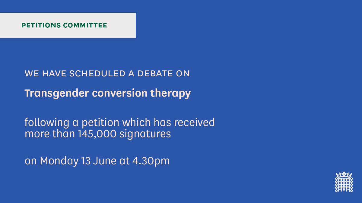 Later today, MPs will debate a petition relating to transgender conversion therapy. Follow @HoCpetitions for updates. committees.parliament.uk/committee/326/…