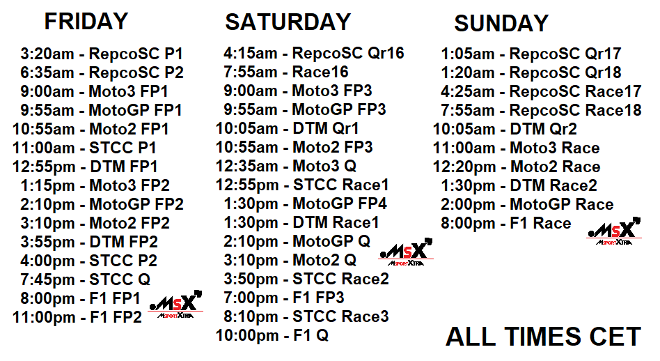 MsportXtra's tweet photo. It's #RACEWEEK !! This week with #F1 #DTM #RepcoSC #Moto3 #Moto2 #MotoGP and my @MsportXtra partner @DStrandberg visits Skelleftea for the #STCC . Timetables and more at https://t.co/PTXuV86Ylx ! Don't forget to check #TheXtraLap . #MsportXtra https://t.co/2kCFimjZjN