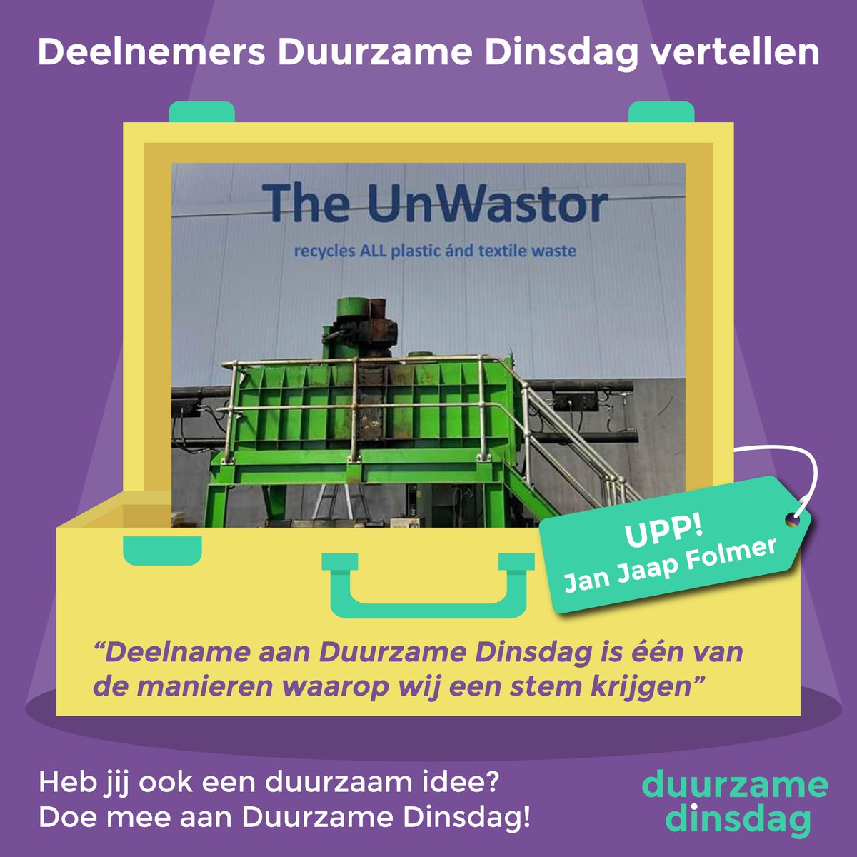 Let op! Dit is de laatste week dat je jouw idee in de #duurzamedinsdag koffer kunt stoppen. Wil jij met jouw duurzame idee een verschil maken. En net als @jjfolmer jouw stem laten horen in Den-Haag? Doe dan mee. @MauritsGroen <a href="/GreenWishNL/">GreenWish</a> <a href="/ingnl/">ING Nederland</a> <a href="/IVNNederland/">IVN Natuureducatie</a> <a href="/GroenOndernemen/">Koninklijke VHG</a>