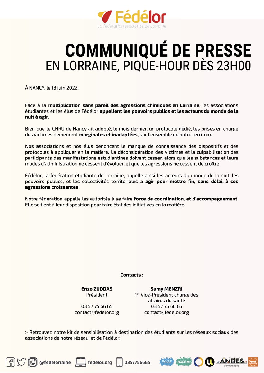[COMMUNIQUÉ DE PRESSE] 🗞

💉 Piqûres, GHB, y'en a assez : Fédélor et ses associations interpellent le monde de la nuit et les autorités. 

📣 Parce que nous, on agit, retrouve dès aujourd'hui notre campagne de prévention et de sensibilisation sur tous nos réseaux !