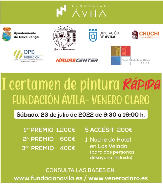 Se acerca el 1er Certamen de Pintura Rápida a #VeneroClaro 

1. Premio: @fundacionavila_ 
2. Premio: @ops_mediacion 
3. Premio: @AyuntamientodeNavaluenga

Accésit: @diputacionavila @chuchipasteles 
@lascancelasav @navascenter 

Noche de Hotel: @hotelpalaciovelada 

Gracias 👏