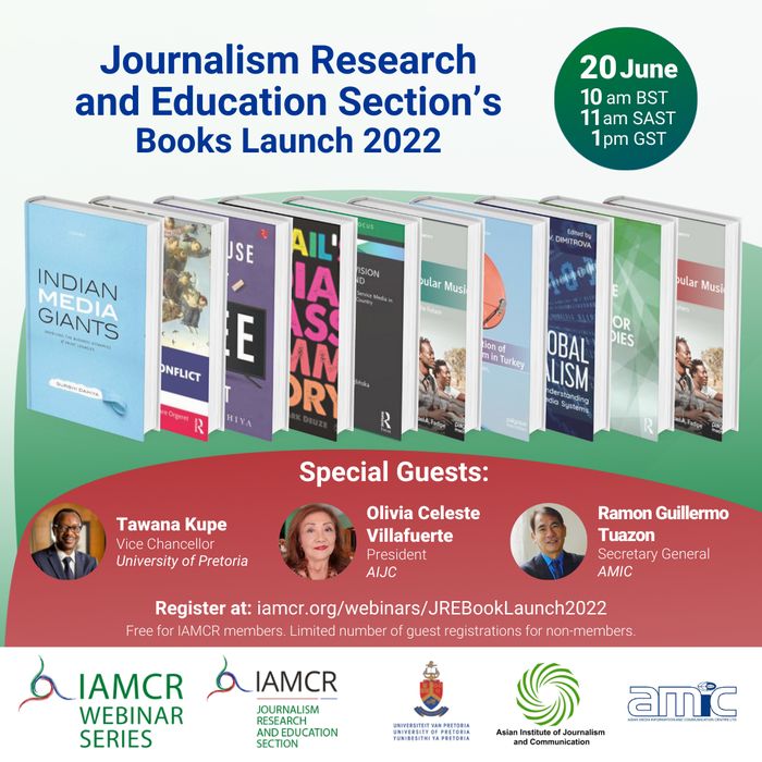 IAMCRtweets's tweet photo. The Journalism Research and Education Section of #IAMCR will host a webinar to discuss several recently released or forthcoming books in the field https://t.co/ylA2ct5AHt https://t.co/x1mUBsh02l